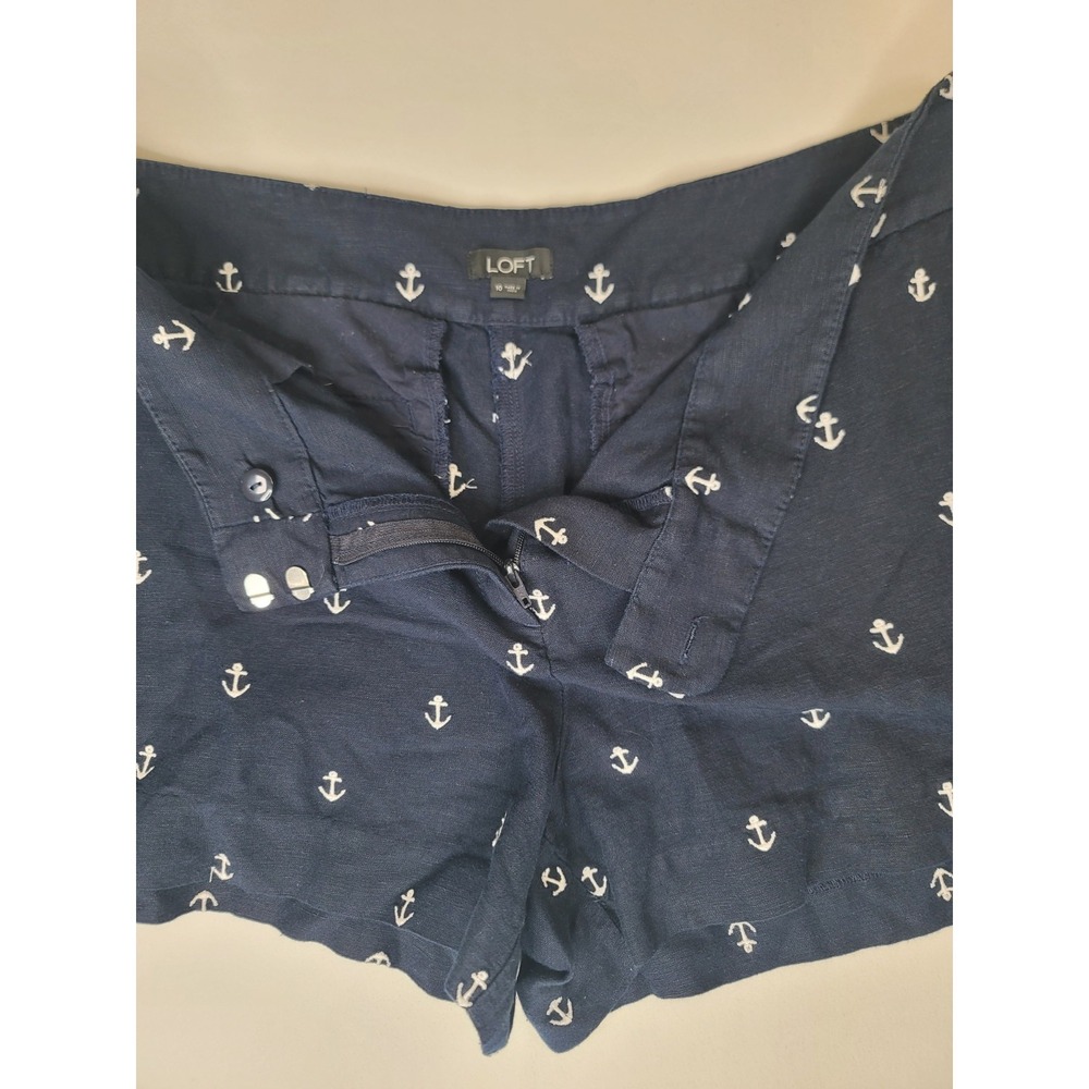 LOFT Anchor Print Shorts Womens Size 10 Navy Blue Linen Blend Nautical Coastal - Picture 5 of 9